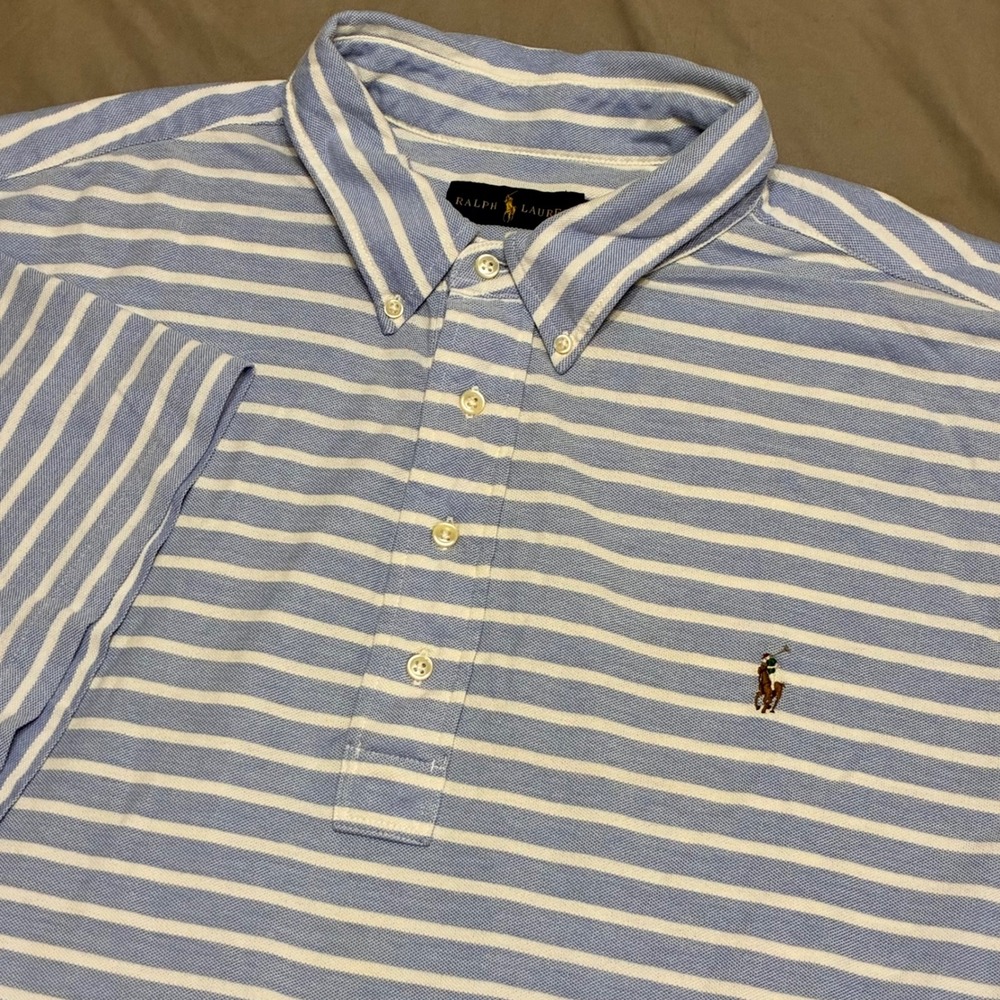 Ralph Lauren Mens 3XB Knit Oxford Polo Shirt Blue White Striped Pony Logo Big